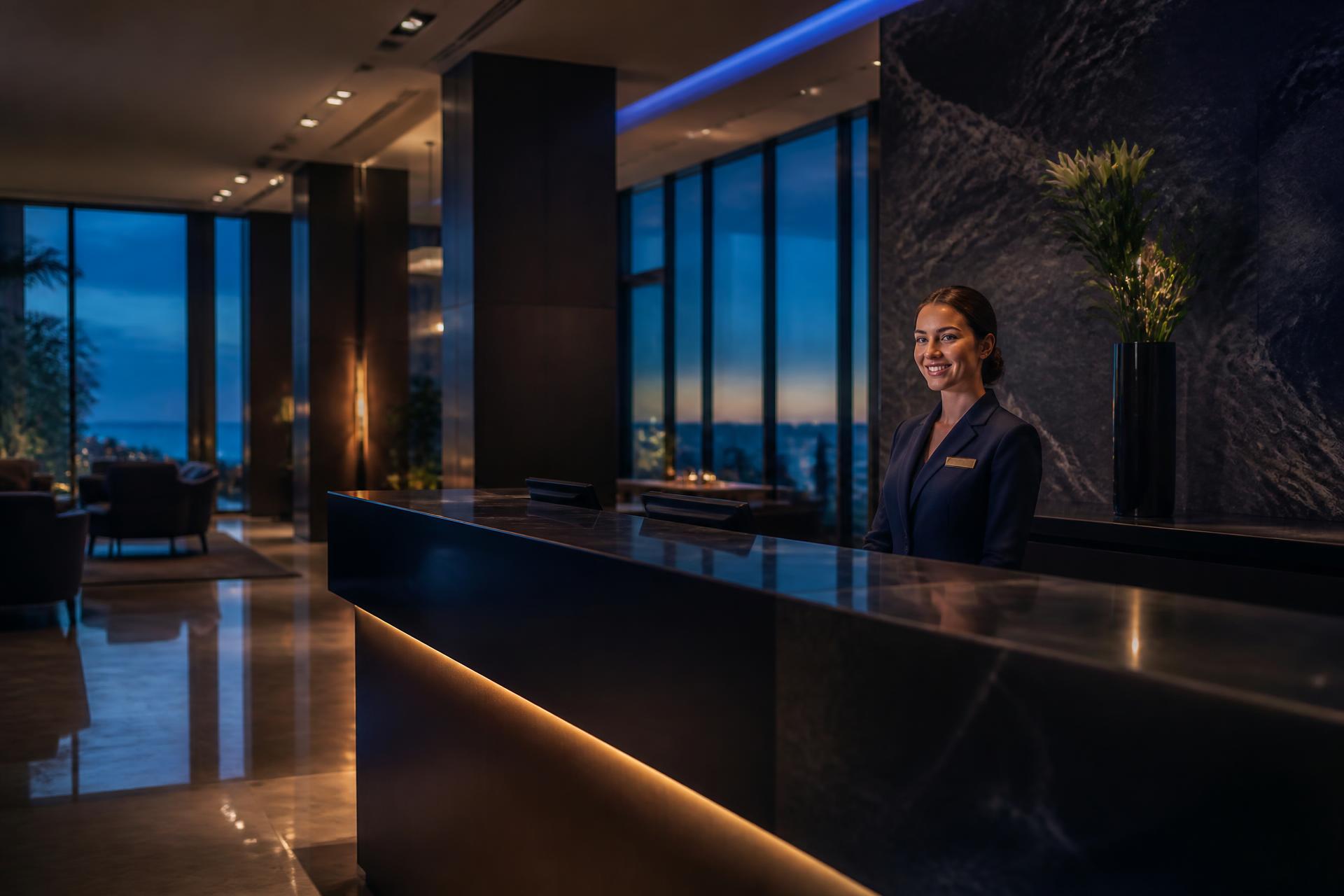 Moderne Hotelrezeption mit Empfangsmitarbeiterin am Abend